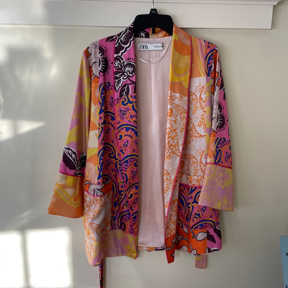 Zara Floral Patchwork Belted Kimono Jacket l size XS